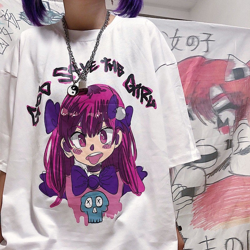 Cute Girl Graffiti Graphic Art Print Punk Baggy Hip Hop Oversized Long Sleeve Tee Shirt T-shirt Top E-Girl Kawaii Korean Japanese Harajuku Streetwear