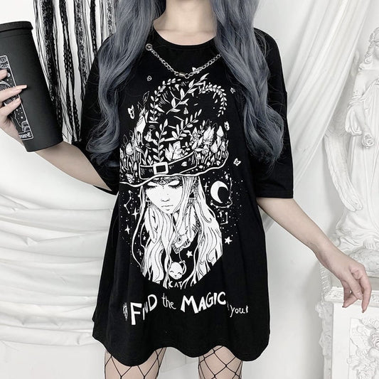 Black Goth Vintage Magic Witch Print Loose Oversized Short Sleeve Short T-shirt Top Causal Punk E-Girl Kawaii Korean Japanese Harajuku Streetwear