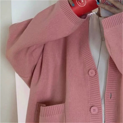 Cute Baby Pink V Neck Chic Loose Oversized Knit Cardigan Long Sleeve Sweater Jumper Aesthetic Casual Summer E-Girl Kawaii Korean Japanese Harajuku