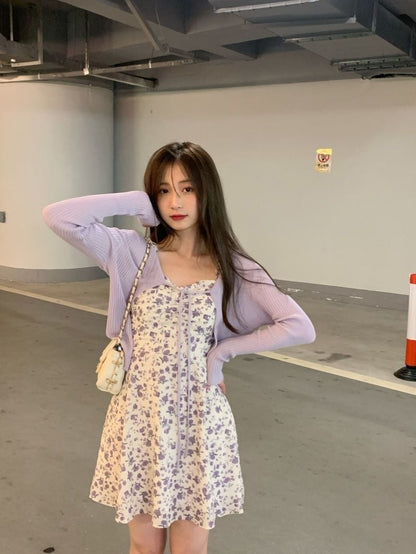 2PCS Purple Floral Spaghetti Strap Mini Dress + Cardigan