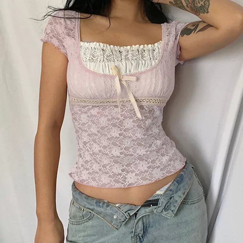 Cute Sweet Pink Lace Trim Short Sleeve Shirt Crop Top Summer Aesthetic Casual E-Girl Kawaii Korean Japanese Harajuku