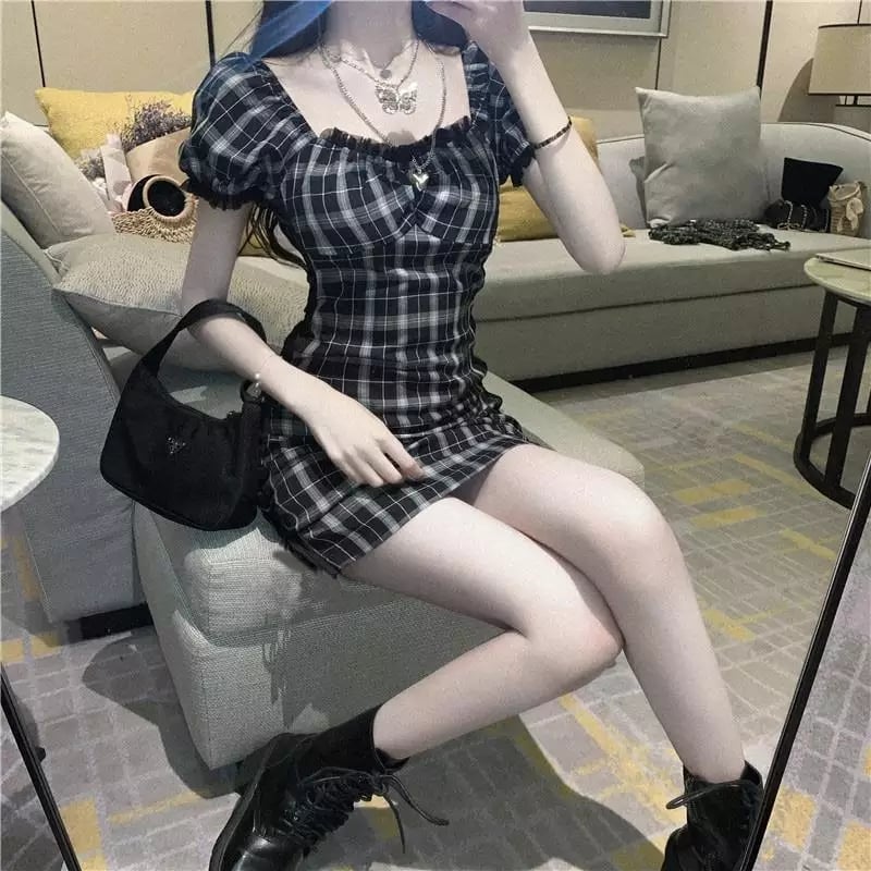 Cute Black White Plaid Puff Sleeve Square Collar Mini Dress Elegant Summer Aesthetic Casual E-Girl Kawaii Korean Japanese Harajuku