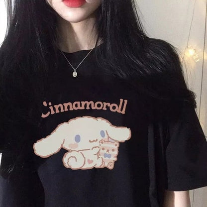Cute Anime Cartoon Print Loose Oversize Short Sleeve Short T-shirt Top Causal Summer E-Girl Kawaii Korean Japanese Harajuku Streetwear