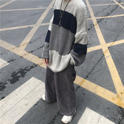 Grey Stripe Patchwork Sweater