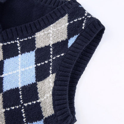 Vintage Plaid V Neck Sleeveless Sweater Vest Knit Crop Top Preppy Causal Pullover E-Girl Kawaii Korean Japanese Harajuku Streetwear
