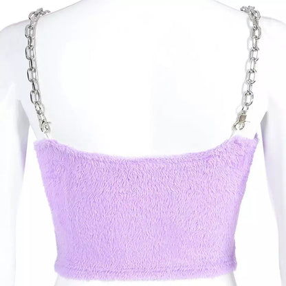 Cute Sexy Purple Chain Sling Fur Fluffy Casual Tank Crop Top Sleeveless Shirt Summer Club E-Girl Kawaii Korean Japanese Harajuku Retro Streetwear