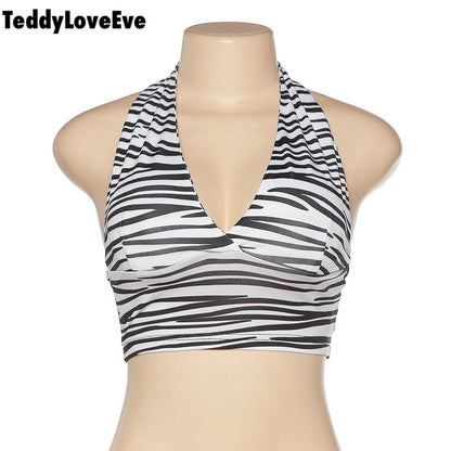 Cute Sexy Zebra Animal Print Sleeveless Halter Crop Top Shirt Tee T-shirt E-Girl Kawaii Korean Japanese Harajuku Chinese Retro Streetwear Aesthetic