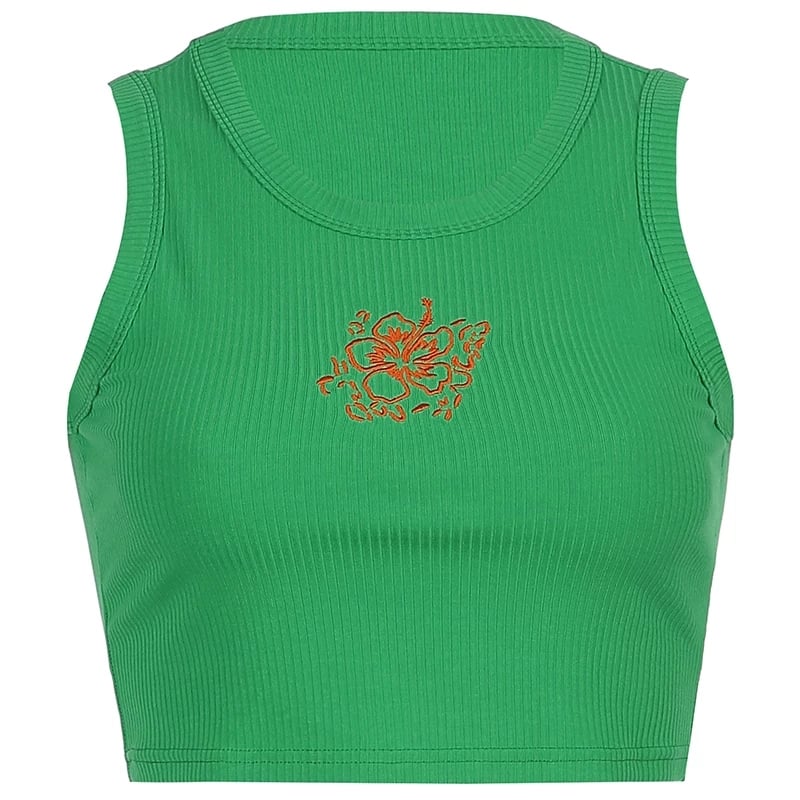 Cute Green Vintage Hawaii Flower Embroidery Crop Top Tank Sleeveless Shirt Aesthetic Casual Summer E-Girl Kawaii Korean Japanese Haraju