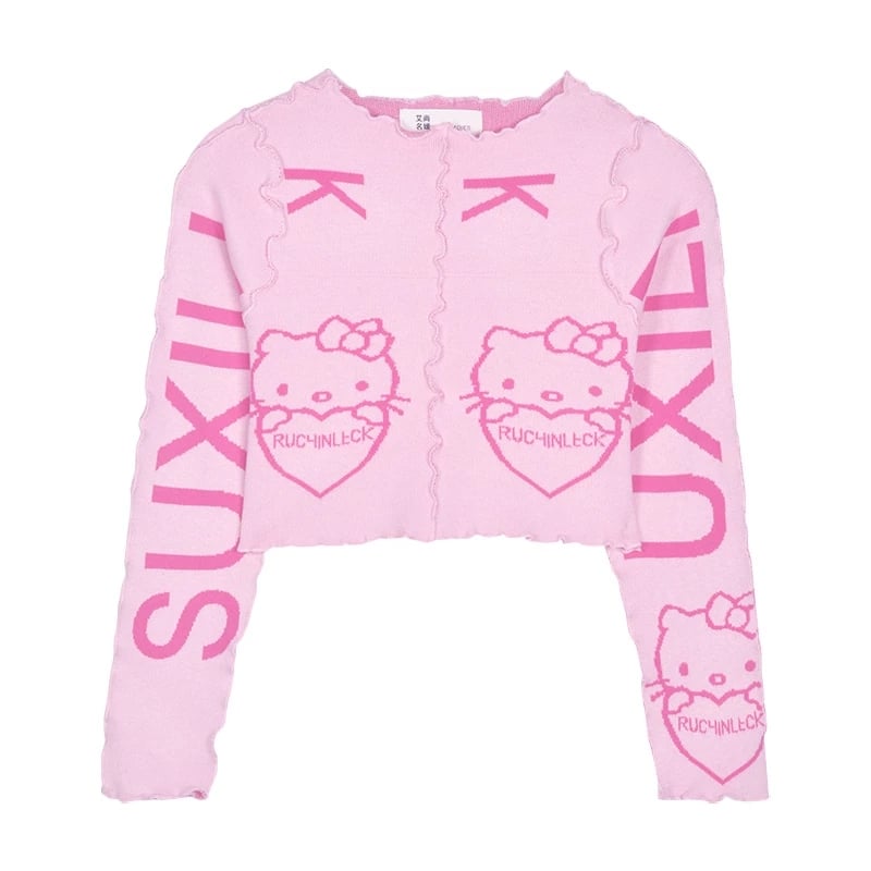 Cute Pink Kitty Cat Knit Loose Frill Long Sleeve Shirt Sweater Pullover Cardigan Aesthetic Casual Summer E-Girl Kawaii Korean Japanese Harajuku