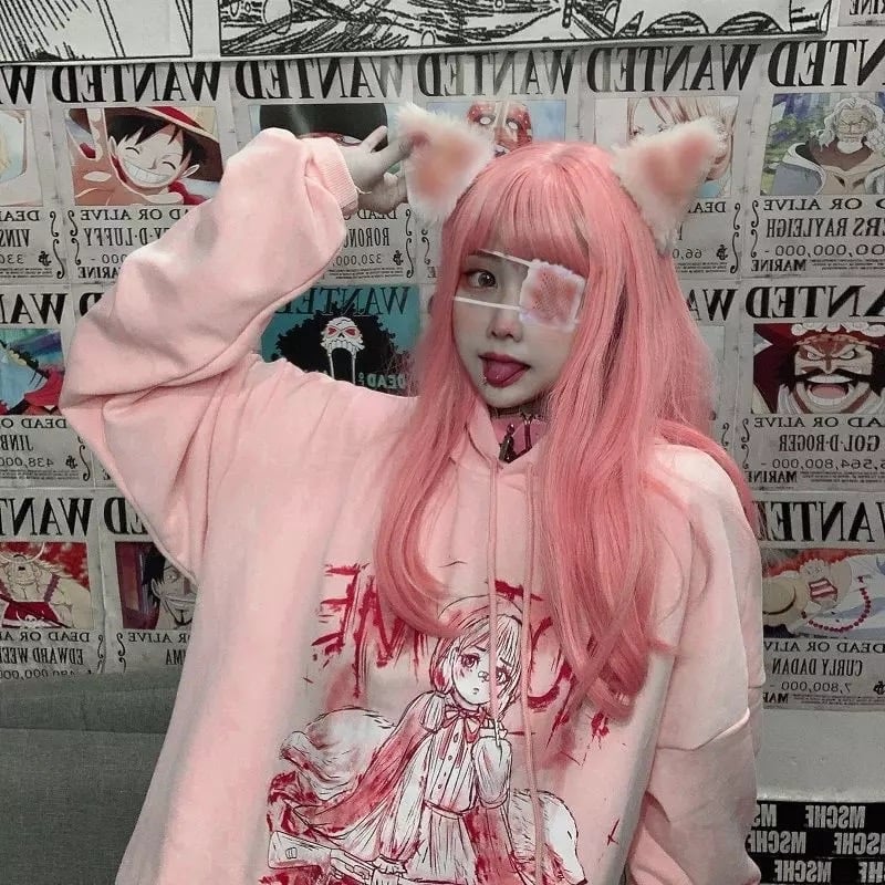 Pastel Pink Anime Girl Cartoon Loose Casual Hoodie Sweatshirt Sweater Long Sleeve Pullover Jumper E-Girl Kawaii Korean Japanese Harajuku Streetwear
