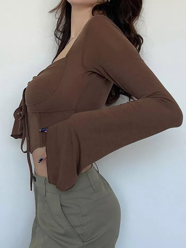 Brown Drawstring Long Sleeve Flare Crop Top