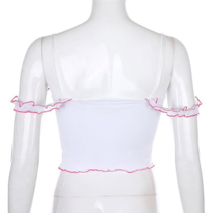 Cute Strawberry Milkmaid Patchwork Frill Ruched Mesh Crop Top Sleeveless Shirt Summer Aesthetic E-Girl Kawaii Korean Japanese Harajuku Streetwear
