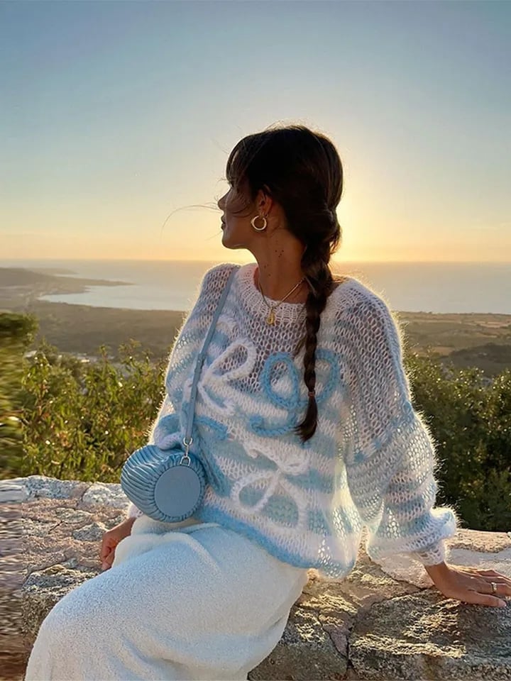 Blue & White Knit Hollow Out Sweater