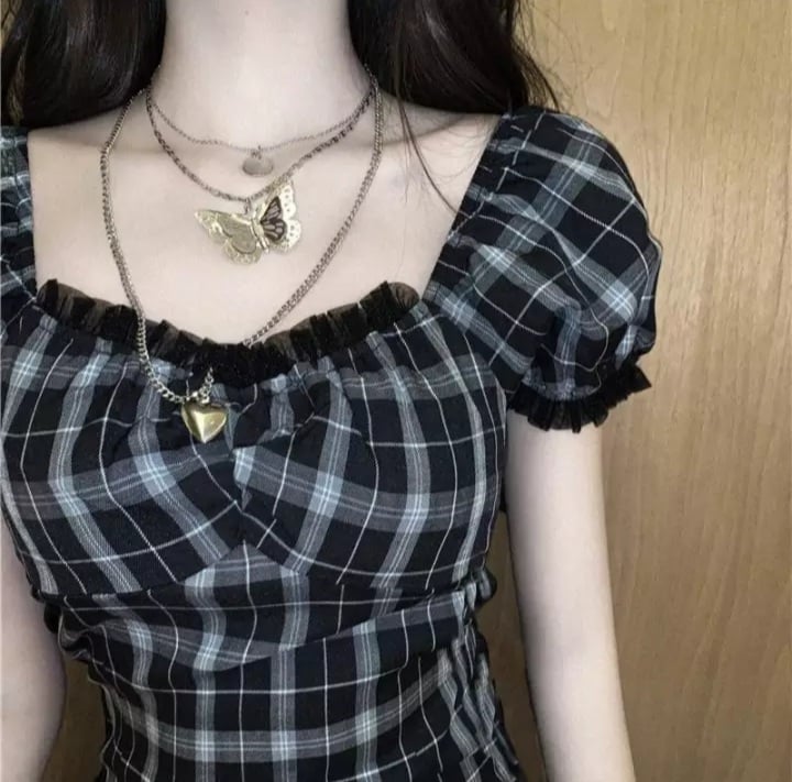 Cute Black White Plaid Puff Sleeve Square Collar Mini Dress Elegant Summer Aesthetic Casual E-Girl Kawaii Korean Japanese Harajuku