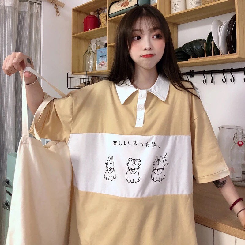 Cute Cat Dog Animal Print College Loose Baggy Short Sleeve Shirt T-shirt Top Summer Casual E-Girl Kawaii Korean Japanese Harajuku Streetwear
