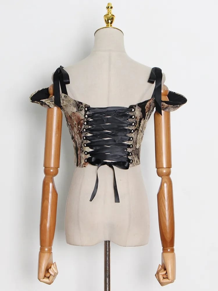 Cat Embroidery Lace Up Corset Top