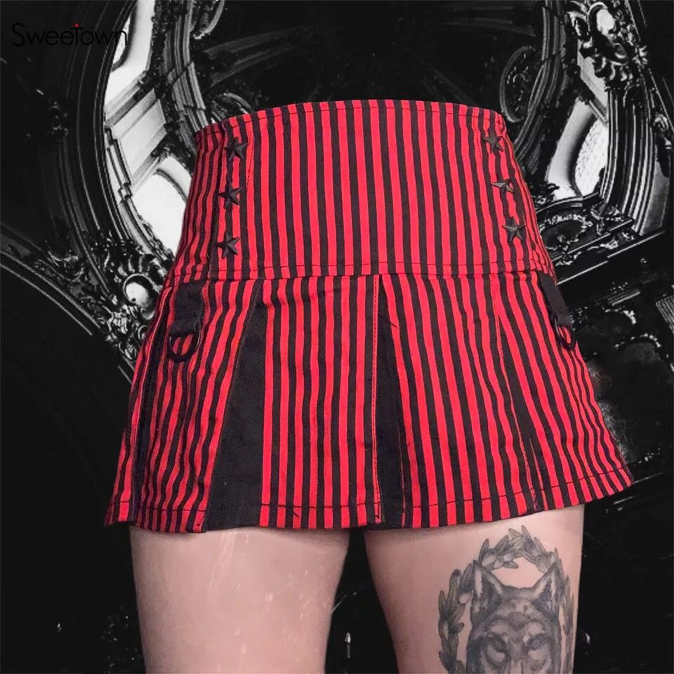 Vintage 90s Red Plaid Striped Pleated Low Waisted Skirt Academia E-Girl Kawaii Korean Japanese Harajuku Streetwear