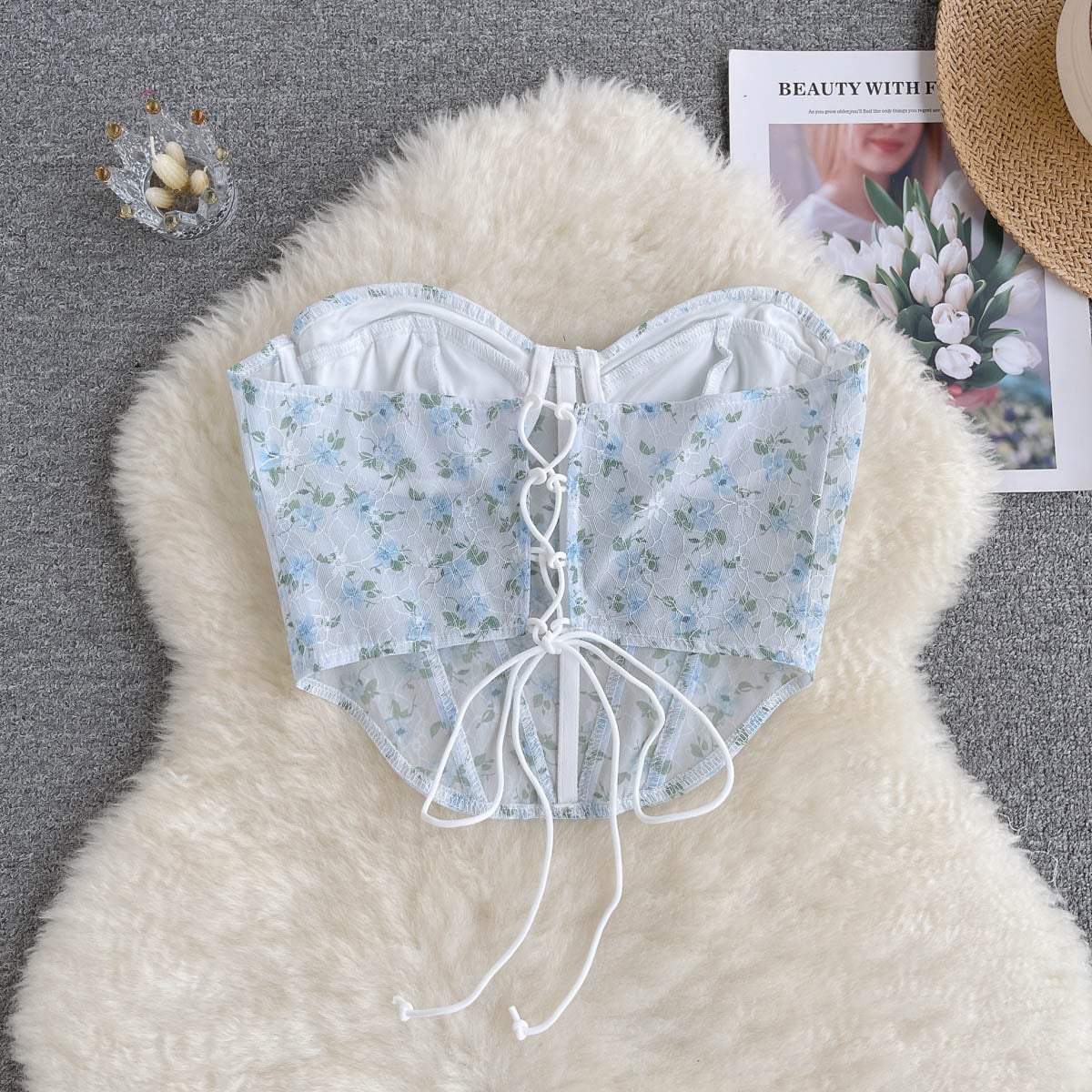 Blue Floral Lace Up Backless Corset Top