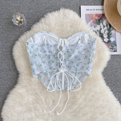 Blue Floral Lace Up Backless Corset Top