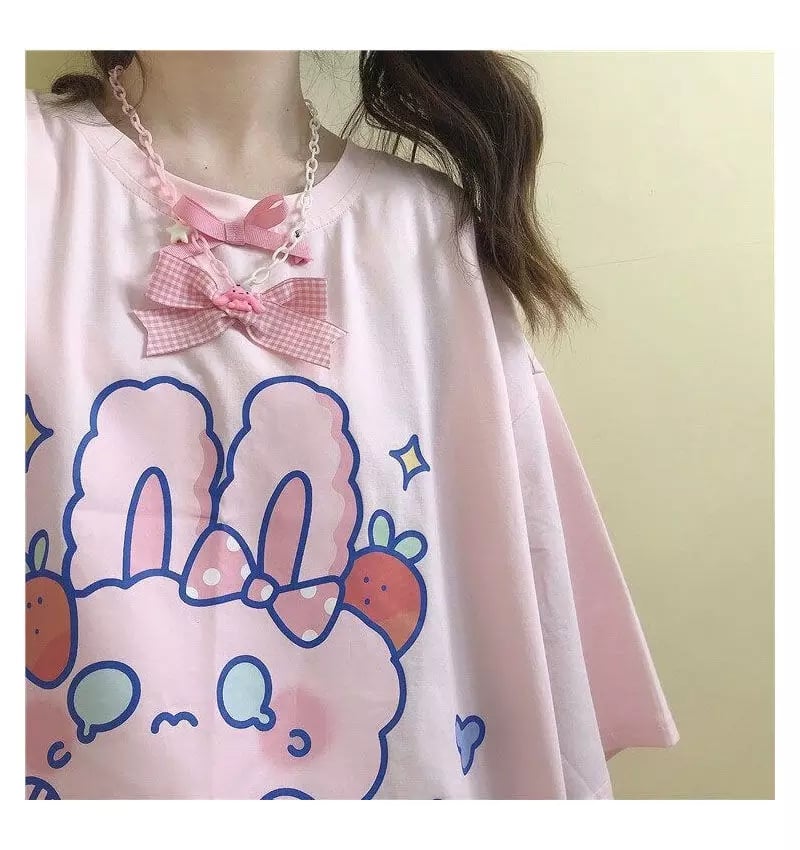 Cute Pastel Pink Sweet Rabbit Crying Strawberry Print Oversized Short Sleeve Shirt Aesthetic Casual E-Girl Kawaii Korean Japanese Harajuku