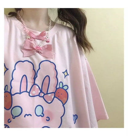 Cute Pastel Pink Sweet Rabbit Crying Strawberry Print Oversized Short Sleeve Shirt Aesthetic Casual E-Girl Kawaii Korean Japanese Harajuku