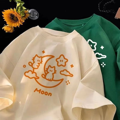 Cat Moon Print Short Sleeve T-shirt