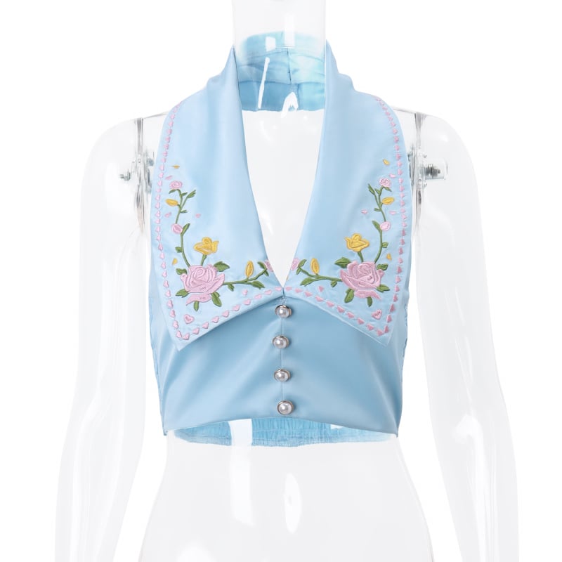 Blue Flower Embroidery Collar Vest Top