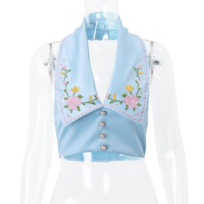 Blue Flower Embroidery Collar Vest Top