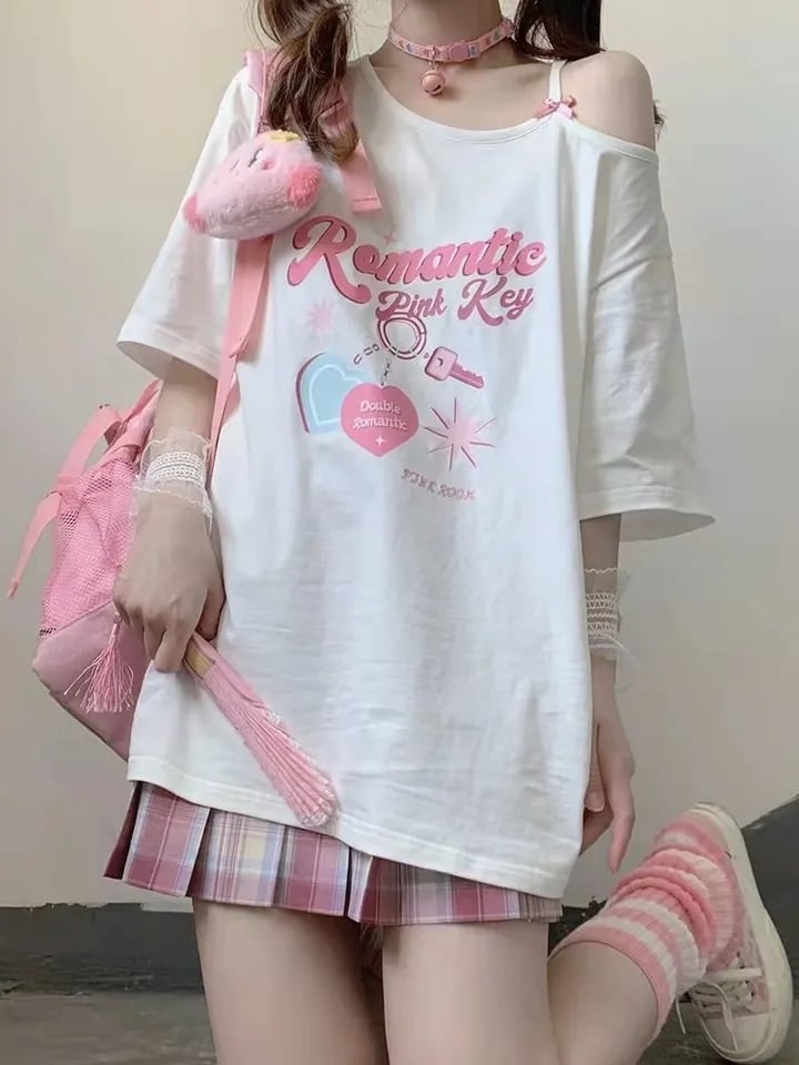Sweet Pink Print Off Shoulder Short Sleeve T-shirt