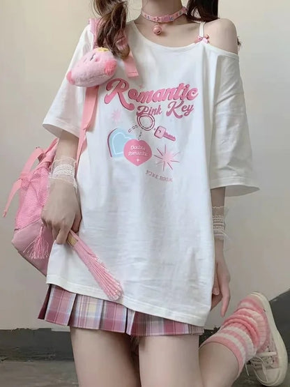 Sweet Pink Print Off Shoulder Short Sleeve T-shirt