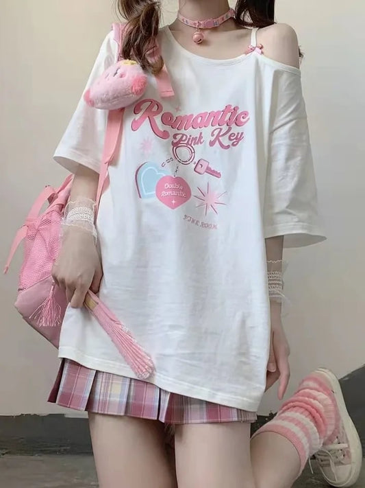 Sweet Pink Print Off Shoulder Short Sleeve T-shirt