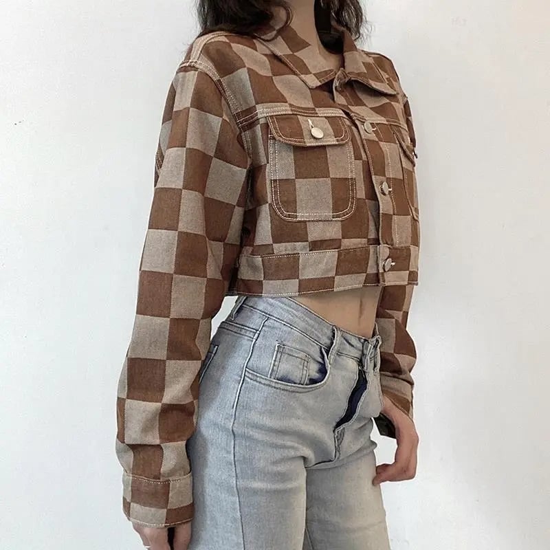 Brown Checkboard Cropped Denim Jacket