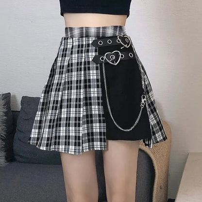 Black & White Plaid Print A-Line Mini Skirt