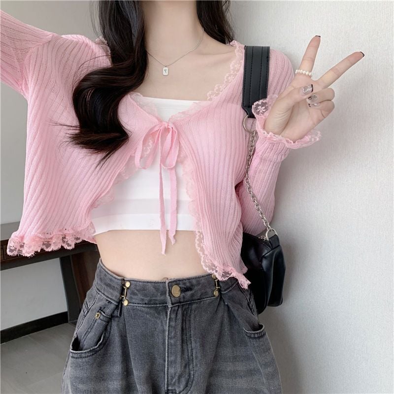 Sheer Lace Long Sleeve Cropped Cardigan