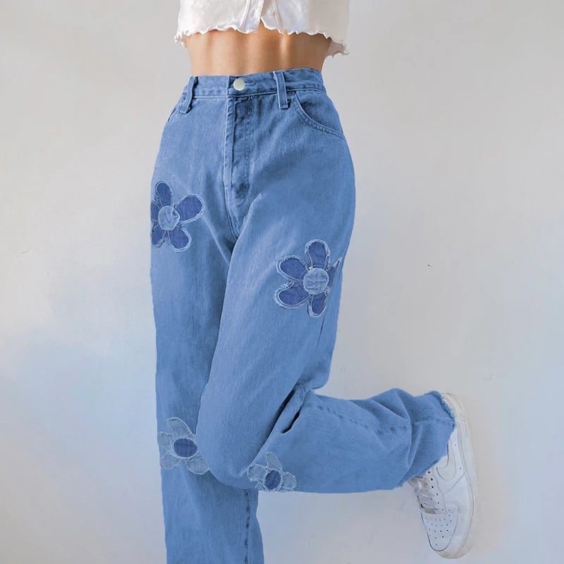 Cute Vintage Floral Patchwork Blue Denim High Waisted Jeans Pants Trouser Aesthetic Casual Summer E-Girl Kawaii Korean Japanese Harajuku