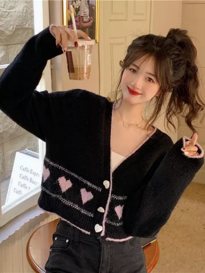 Heart Button Cropped Long Sleeve Cardigan