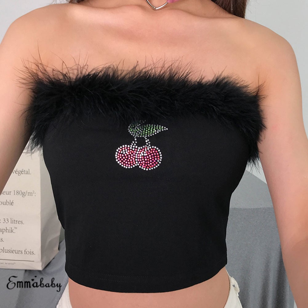 Cute Sexy Cherry Crystal Fluffy Fur Crop Top Off the Shoulder Tube T-shirt Tee Shirt E-Girl Kawaii Korean Japanese Harajuku Retro Streetwear Fashion