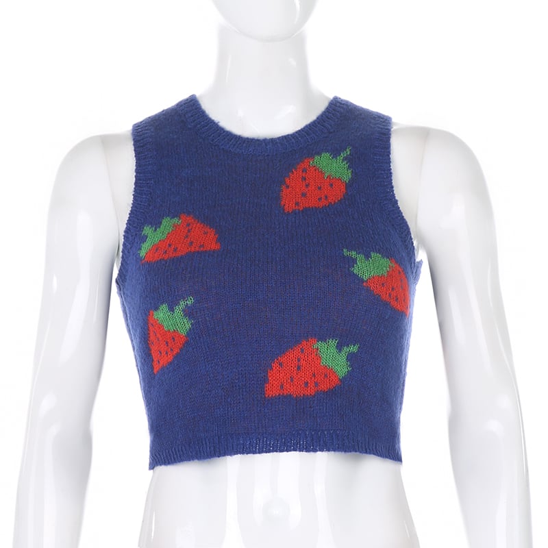 Cute Pink Strawberry V Neck Sleeveless Knit Crop Top Sweater Sweatshirt Pullover Jumper E-Girl Kawaii Korean Japanese Harajuku Streetwear