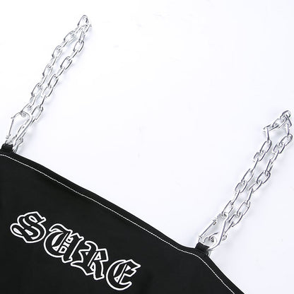 Sexy Black Goth Punk Letter Print Metal Chain Camisole Tank Crop Top Shirt Summer E-Girl Kawaii Korean Japanese Harajuku Retro Streetwear