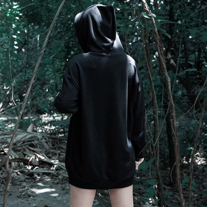 Cute Black Witch Anime Girl Cartoon Print Hoodie Sweater Sweatshirt Pullover Shirt Goth Punk E-Girl Kawaii Korean Japanese Harajuku Streetwear