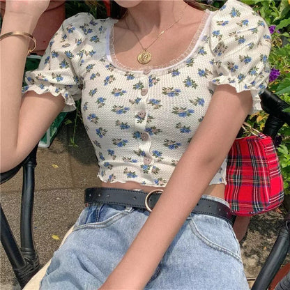 Sweet Floral Print Puff Bell Sleeve Short T-shirt Button Round Neck Crop Top Summer Aesthetic Casual E-Girl Kawaii Korean Japanese Harajuku