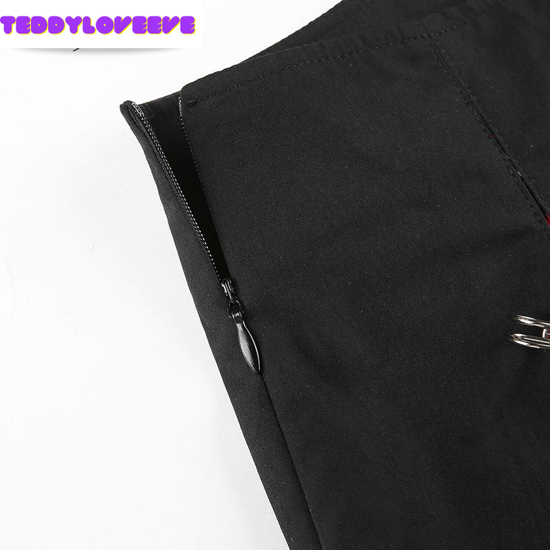 Cute Sexy Plaid Patchwork Safety Pins Black A-Line Mini High Waisted Skirt Goth Punk Club E-Girl Kawaii Korean Japanese Harajuku Streetwear