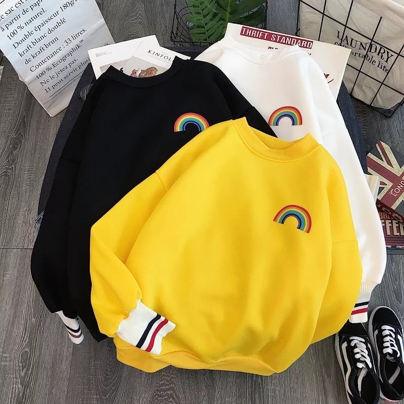 Cute Rainbow Embroidery Fleece Hoodie Sweater Sweatshirt Pullover 90s Oversized Long Sleeve E-Girl Kawaii Korean Japanese Harajuku Retro Streetwear