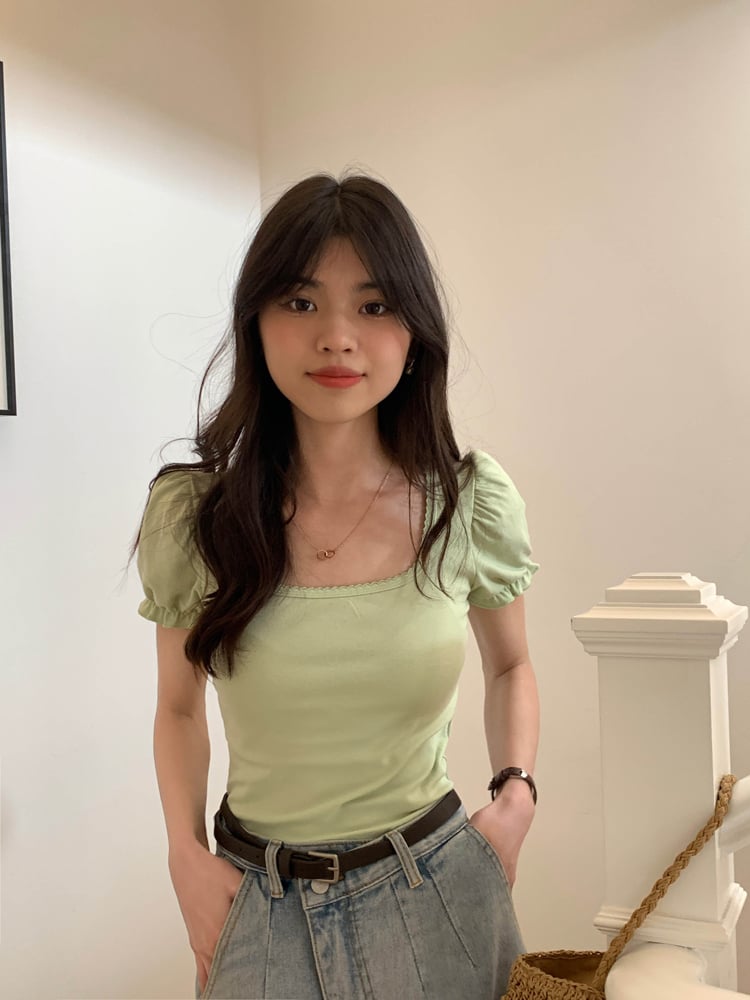 Green Puff Sleeve Square Collar Top