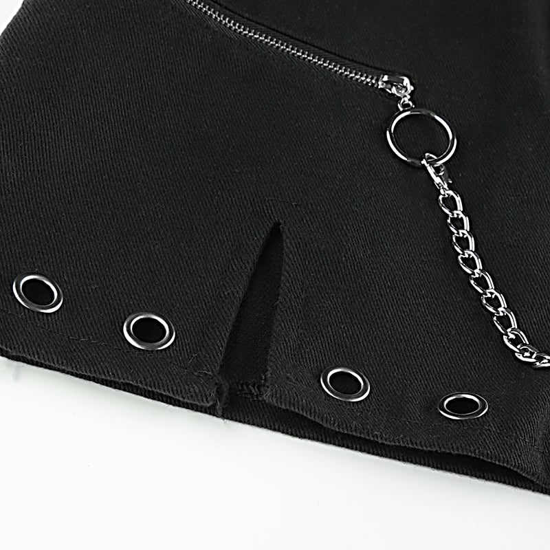 Sexy Black Goth Punk Demin Metal Chain Patchwork High Waisted Mini Skirt Zipper Split A-line E-Girl Kawaii Korean Japanese Harajuku Retro Streetwear