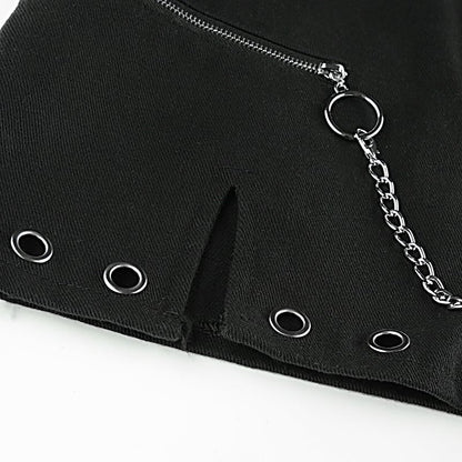 Sexy Black Goth Punk Demin Metal Chain Patchwork High Waisted Mini Skirt Zipper Split A-line E-Girl Kawaii Korean Japanese Harajuku Retro Streetwear