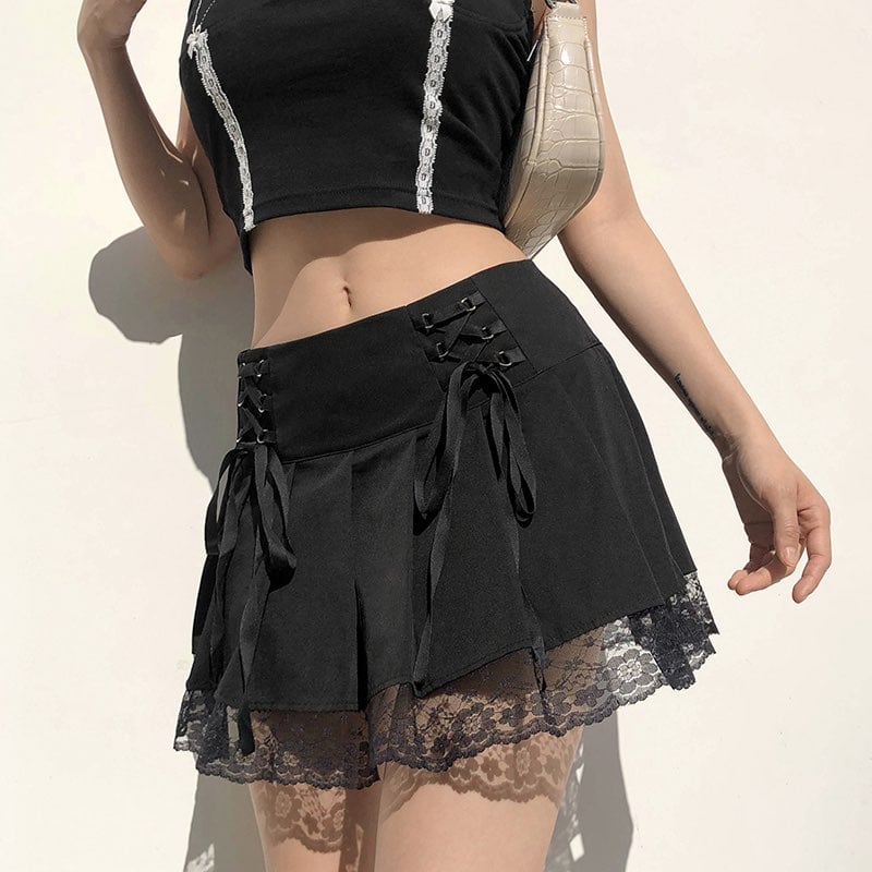 Cute Vintage Lace Trim Ribbon Bow Tie Up Pleated High Waisted Skirt Punk Goth E-Girl Kawaii Korean Japanese Harajuku Streetwear
