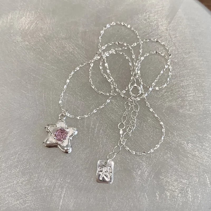 Pink Rhinestone Crystal Star Pendant Necklace