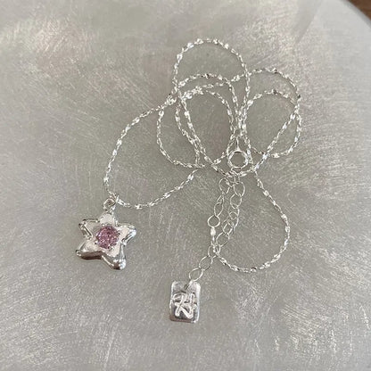 Pink Rhinestone Crystal Star Pendant Necklace