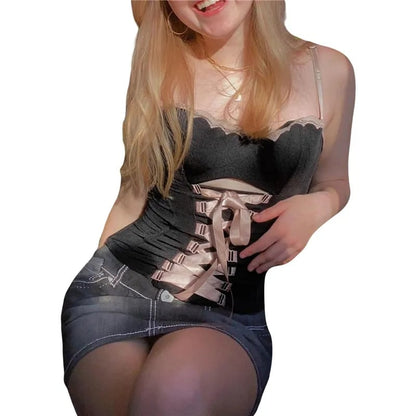 Black with Pink Ribbon Lace Up Bandage Corset Top